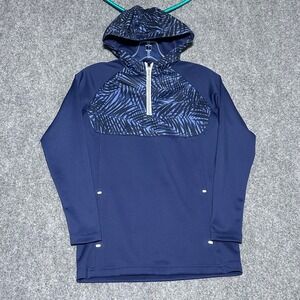 Peter Millar Youth Performance Hoodie Blue Palm Print 1/4‎ Zip Pullover NWT